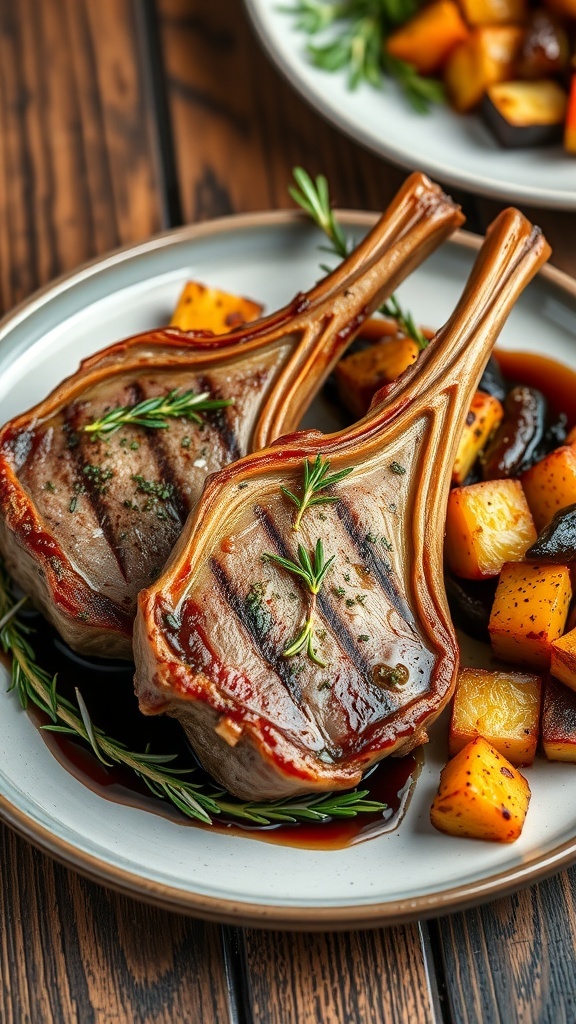Herb-seasoned lamb chops garnished with rosemary and thyme, served with roasted vegetables on a rustic table.